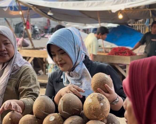 
 Anggota DPR RI Komisi XI Fraksi Partai Gerindra, Annisa Mahesa saat meninjau harga pangan di Pasar Rau Kota Serang. Foto: Imam DJM 