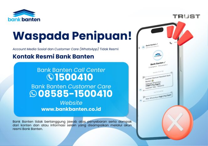 
 Waspada Akun Palsu dan WhatsApp Customer Care Palsu Mengatasnamakan Bank Banten. Foto: Ist