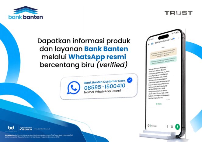 
 WhatsApp resmi Bank Banten Customer Care yang telah dilengkapi tanda verifikasi atau centang biru. Foto: Bank banten 