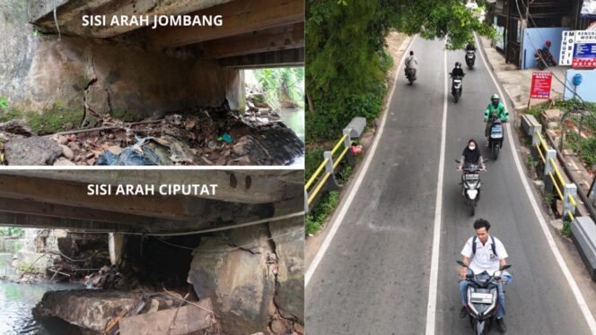 
 Kerusakan pada Jembatan Merpati Raya, setelah ditemukan bagian abutment jembatan roboh akibat tergerus arus sungai. Foto: ist