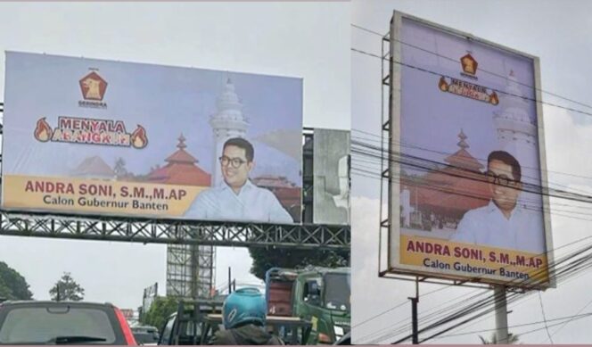 
 Billboard Menyala Abangkuh! Bentuk Dukungan dari Kader dan Pengurus Partai Gerindra terhadap Andra Soni untuk Maju Sebagai Bakal Calon Gubernur Banten. Foto: ist