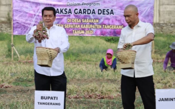 
 Jaksa Agung Muda Intelijen Kejaksaan Agung RI, Prof. Dr. Reda Manthovani, S.H., L.LM., dan Bupati Tangerang Moch Maesyal Rasyid saat Panen Bawang Merah di Desa Sarakan Kecamatan Sepatan Kabupaten Tangerang. Foto: ist