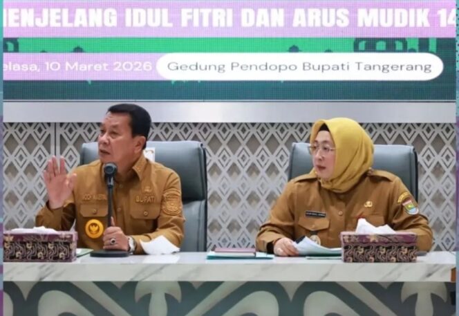 
 Bupati Tangerang Moch Maesyal Rasyid dan Wakil Bupati Tangerang Intan Nurul Hikmah saat Rapat Koordinasi (Rakor) Forkopimda dalam rangka persiapan menjelang Idulfitri dan arus mudik 1447 H di wilayah Kabupaten Tangerang. Kegiatan tersebut digelar di Gedung Pendopo Bupati Tangerang. Foto: ist