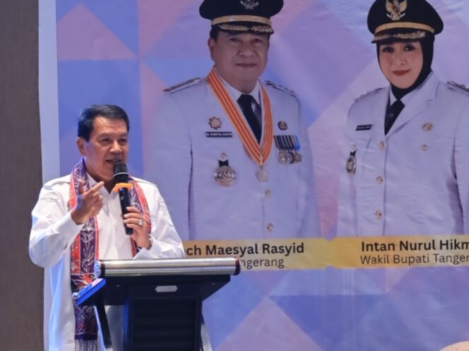 
 Bupati Tangerang Moch Maesyal Rasyid saat menghadiri Seminar Nasional Diskusi Aglomerasi sebagai bagian dari rangkaian Sustainable Aglo-City Summit 2026 di Hotel Novotel, BSD City. Foto: ist