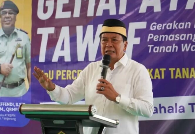 
 Bupati Tangerang Moch. Maesyal Rasyid saat meluncurkan Gerakan Masyarakat Pemasangan Tanda Batas Tanah Wakaf (GEMAPATAS TAWAF) Kabupaten Tangerang Tahun 2026 yang digelar di Yayasan Yabika Islamic School Kecamatan Jambe. Foto: ist