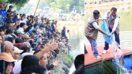 Gubernur Banten Andra Soni dan Bupati Tangerang Moch Maesyal Rasyid tebar ikan pada perayaan May Day bersama 25 Ribu Buruh Tangerang. Foto: ist