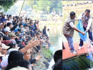 Gubernur Banten Andra Soni dan Bupati Tangerang Moch Maesyal Rasyid tebar ikan pada perayaan May Day bersama 25 Ribu Buruh Tangerang. Foto: ist