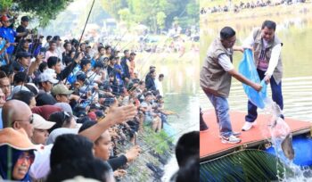Gubernur Banten Andra Soni dan Bupati Tangerang Moch Maesyal Rasyid tebar ikan pada perayaan May Day bersama 25 Ribu Buruh Tangerang. Foto: ist