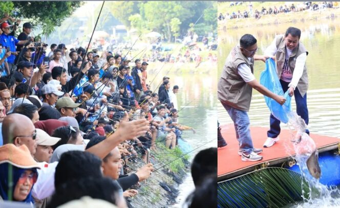 
 Gubernur Banten Andra Soni dan Bupati Tangerang Moch Maesyal Rasyid tebar ikan pada perayaan May Day bersama 25 Ribu Buruh Tangerang. Foto: ist