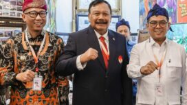 Ketua Umum Komite Olahraga Nasional Indonesia (KONI) Pusat, Letjen TNI (Purn) Marciano Norman bersama Gubernur Banten Andra Soni dan Gubernur Lampung Rahmat Mirzani Djausal. Foto: ist