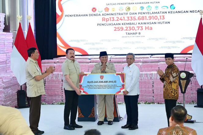 
 Jaksa Agung ST Burhanuddin Serahkan Uang Negara Hasil Satgas PKH kepada Menteri Keuangan Suahasil Nazara disaksikan langsung oleh Presiden RI Prabowo Subianto. Foto: BMPI Setpres
