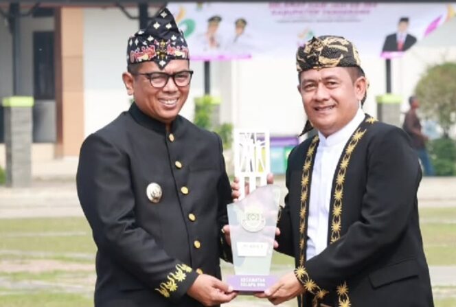 
 Gubernur Banten Andra Soni saat menyerahkan Penghargaan Kepada Camat Kelapa Dua Dadang Sudrajat. Foto: Iat