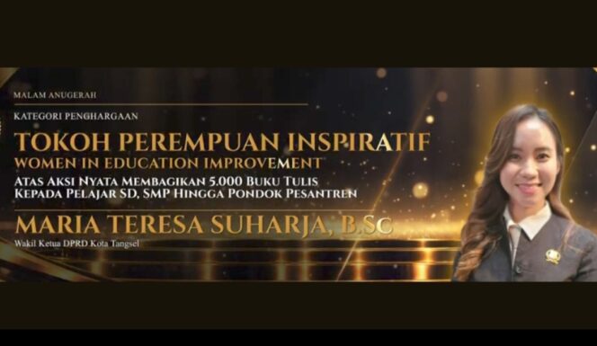 
 Wakil Ketua DPRD Kota Tangerang Selatan, Maria Teresa Suhardja Raih penghargaan Tokoh Perempuan Inspiratif pada Ajang TangerangPos Awards 2026. Foto: Ist