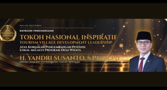 
 Menteri Desa dan Pembangunan Daerah Tertinggal (Mendes PDT) Republik Indonesia, Yandri Susanto raih Penghargaan Tourism Village Development Leadership Kategori Tokoh Nasional Inspiratif pada Ajang Banten Achievement TangerangPos Awards 2026. Foto: TangerangPos 